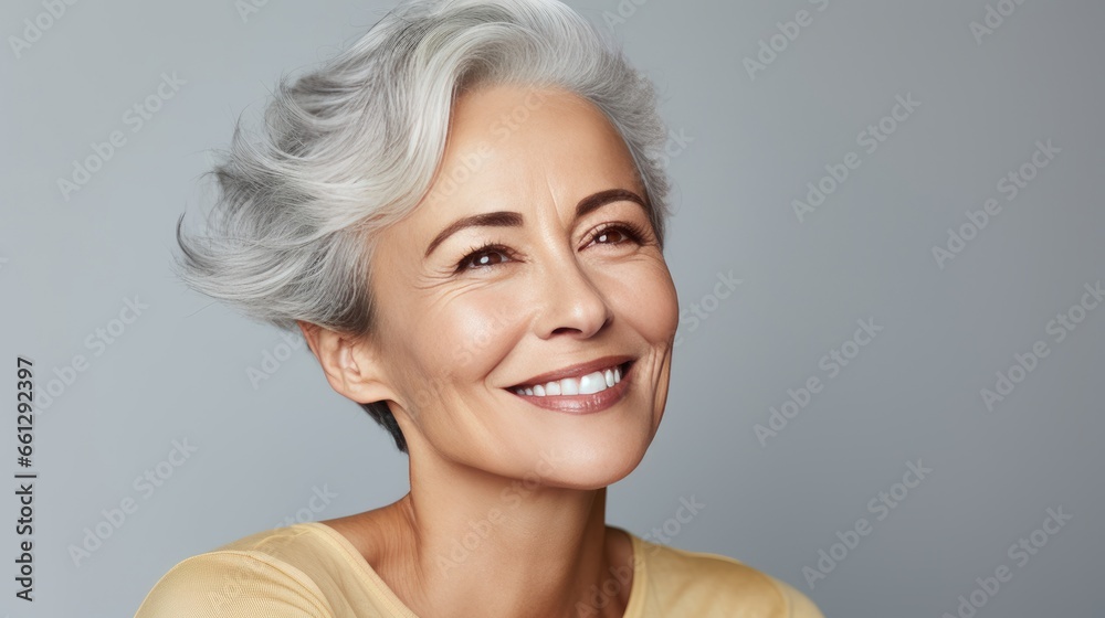 The adult woman is aging gracefully with smooth, healthy facial skin with a gray glow and a cheerful smile on gray background. Beauty and cosmetic skin care advertising concept. 