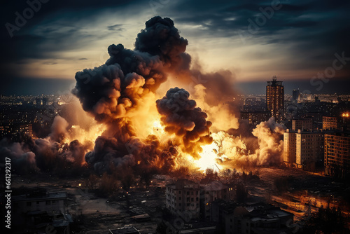 City destruction with big explosions and fires at night. War, bombardment, nuclear accident, terrorism concept