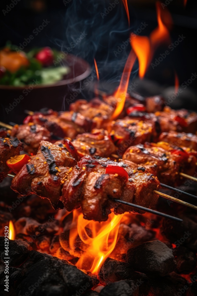 Succulent and delicious grilled meat skewers on the bbq rack with flames and sparks