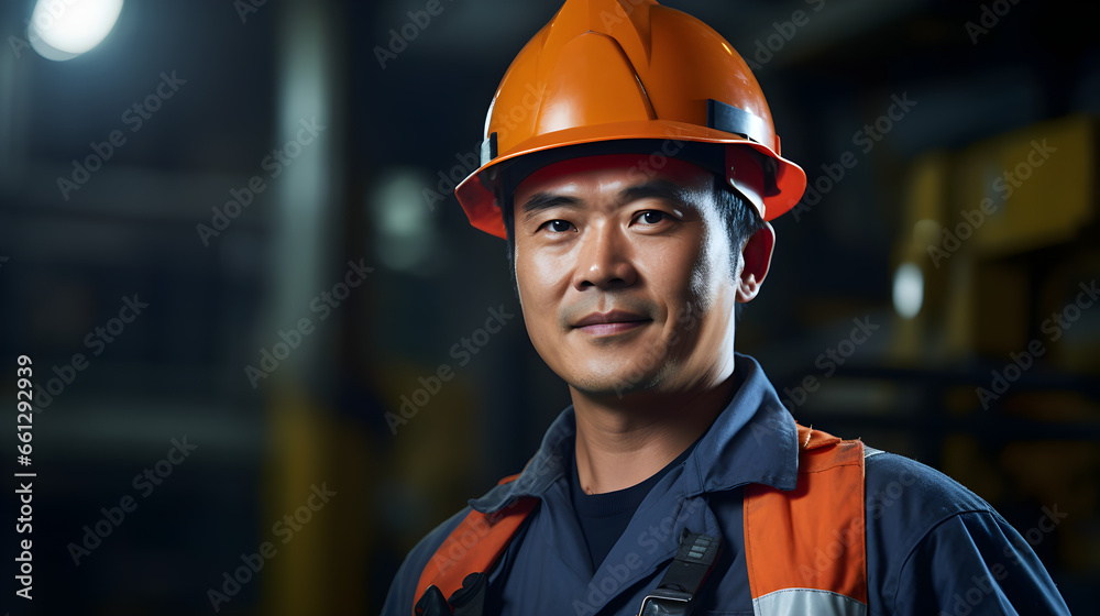 Industry maintenance engineer, a man in a crisp uniform and a safety hard hat, positioned at a factory station. Generative AI Industry maintenance engineer, a man in a crisp uniform and a safety hard hat, positioned at a factory station. Generative AI