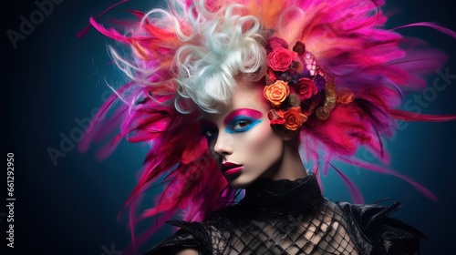 Art high fashion portrait style of a female supermodel with stylized modern hair in fashion design in a luxury fashion studio.