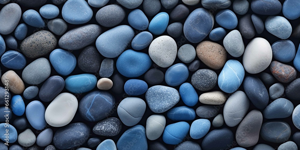Hyper realistic smooth river pebbles, shades of blues, detailed Hyper realistic smooth river pebbles, shades of blues, detailed