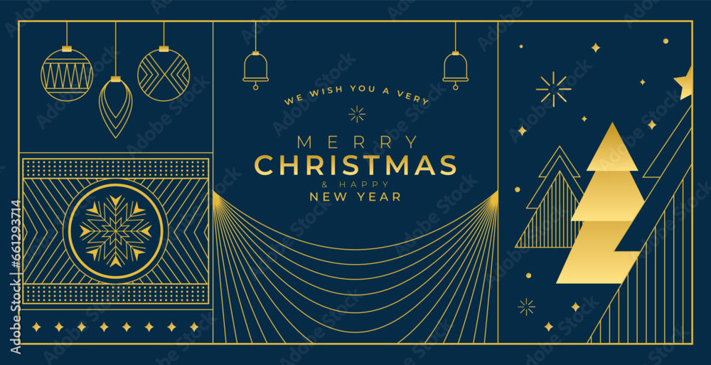 Obraz premium Merry Christmas and Happy New Year illustration of gold luxury christmas pine tree frame with geometric art deco style element for elegant holiday celebration.