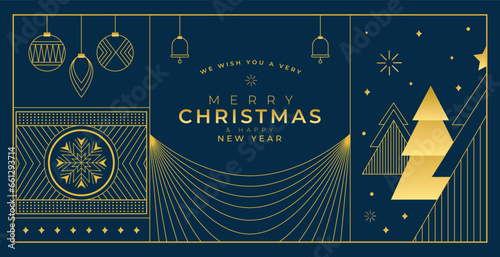 Merry Christmas and Happy New Year illustration of gold luxury christmas pine tree frame with geometric art deco style element for elegant holiday celebration.