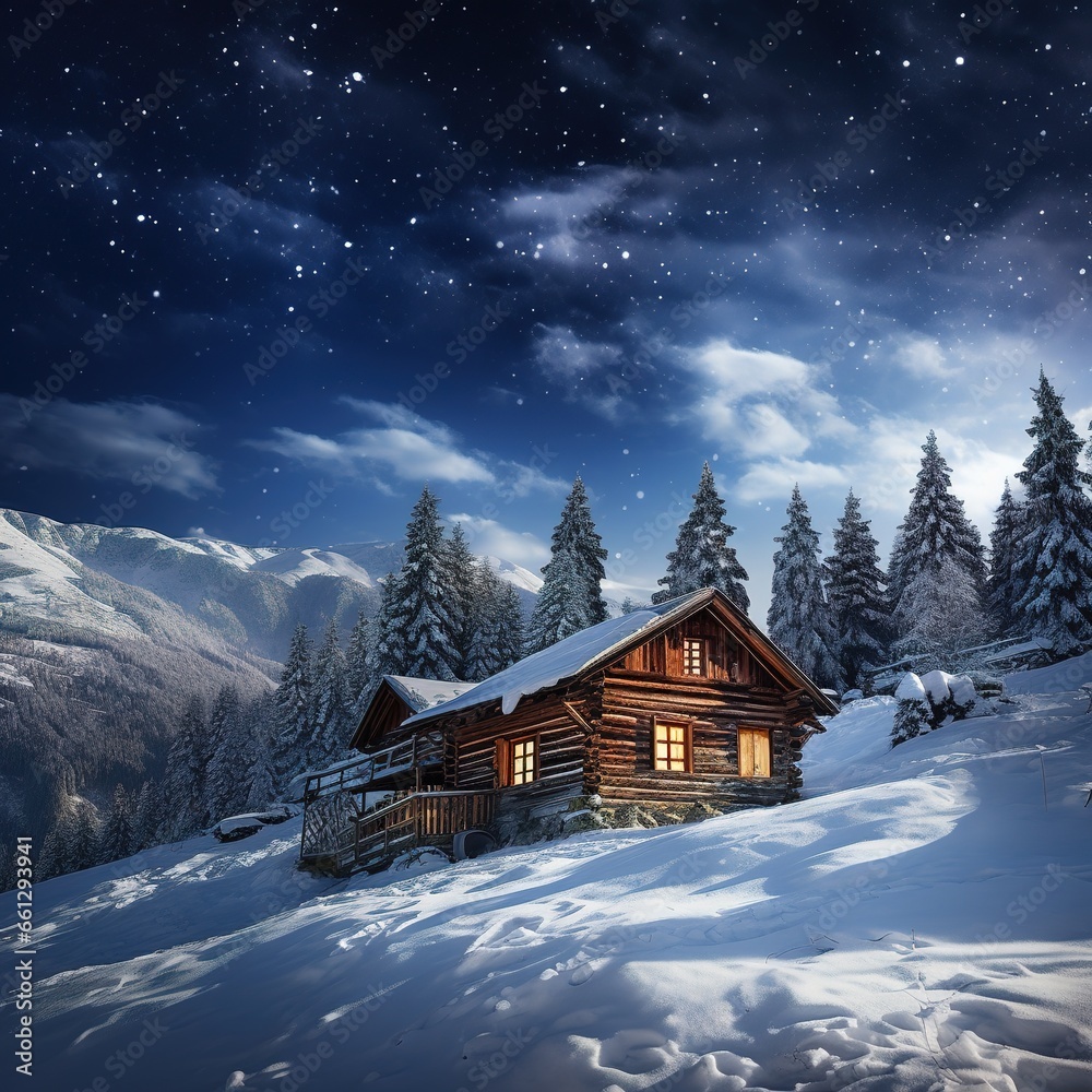 Winter wonderland panorama, wooden house in snowy mountains under starry sky.