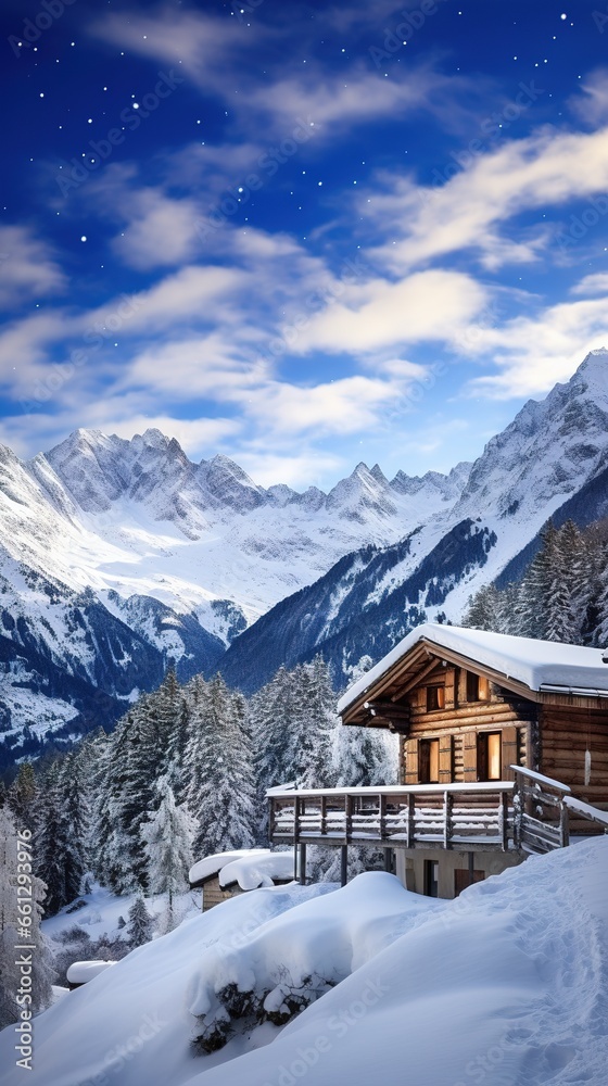 Winter wonderland panorama, wooden house in snowy mountains under starry sky.