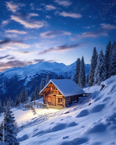 Winter wonderland panorama  wooden house in snowy mountains under starry sky.