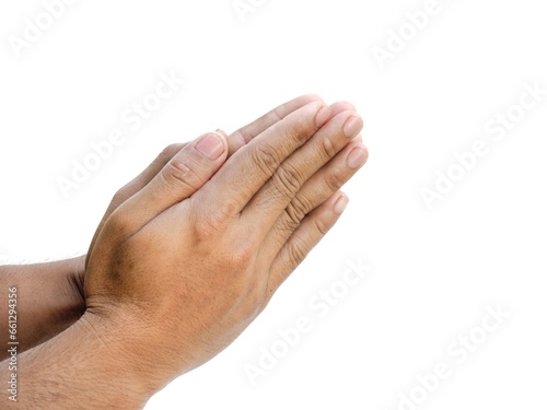 Male hands making a gesture of clasping hands in prayer. Isolated on white background.