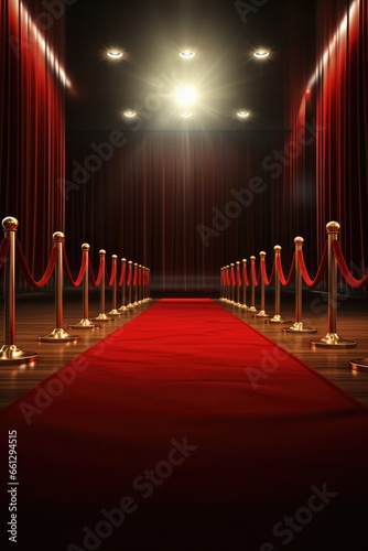 Long red carpet between rope barriers photo