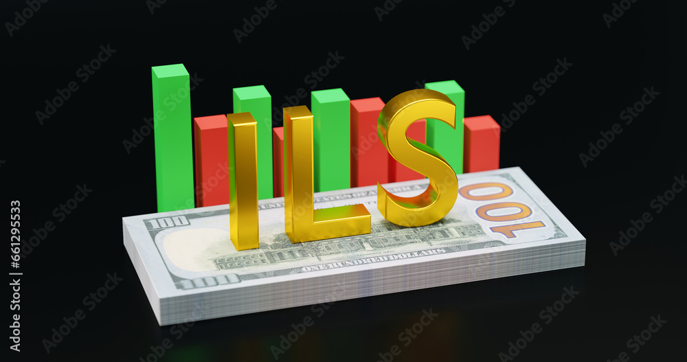 The sign of the Israeli shekel on a stack of paper dollars next to a