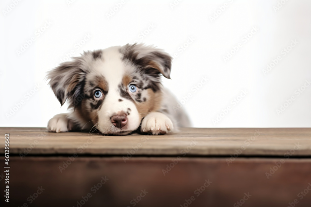 Relaxed puppy dog Australian Shepherd Lying on Wooden Table for Pet Product Advertisement with white background