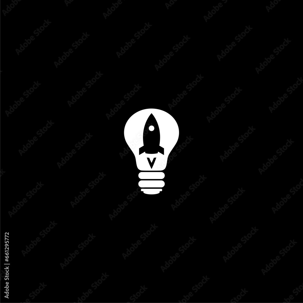 Light bulb and rocket launch icon isolated on dark background Light bulb and rocket launch icon isolated on dark background
