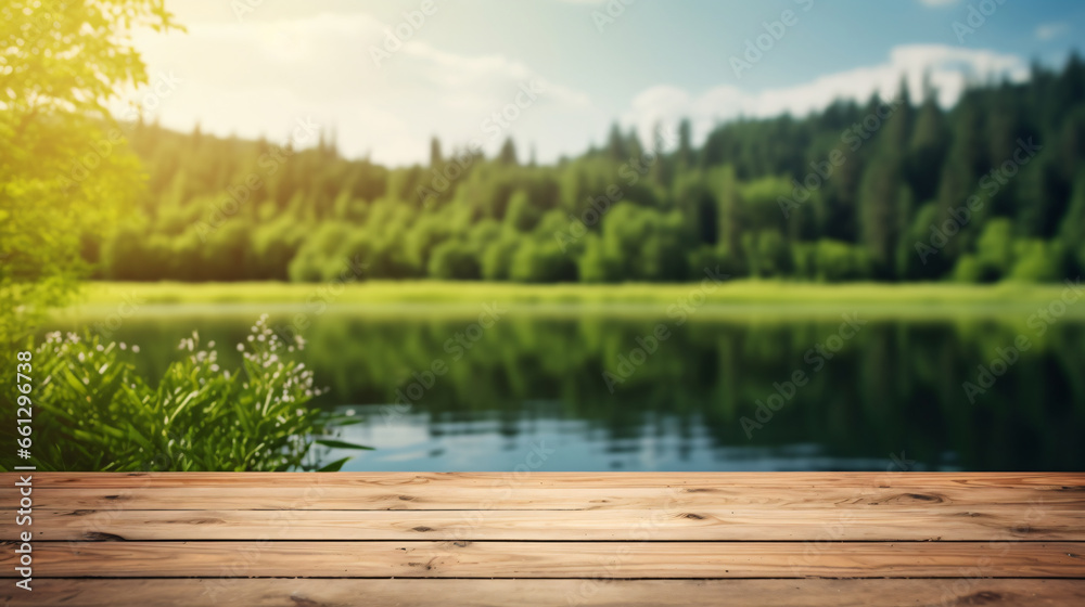 wooden table with a blurred summer lake background, Product advertisement wooden table with a blurred summer lake background, Product advertisement