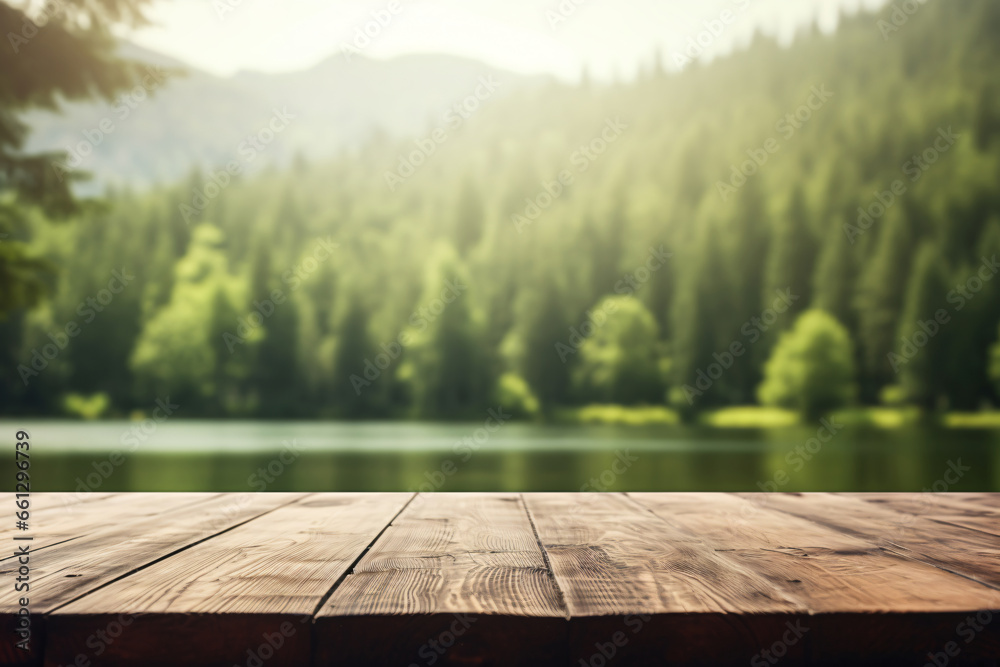 wooden table with a blurred summer lake background, Product advertisement wooden table with a blurred summer lake background, Product advertisement