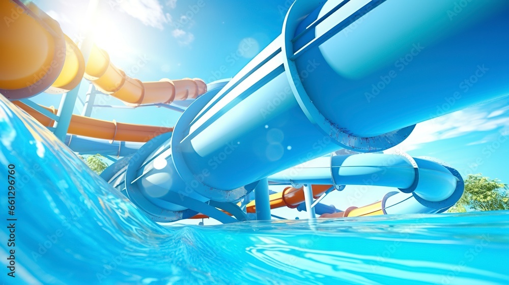 Fototapeta premium a playful water park waterslide, featuring joyful individuals enjoying a thrilling ride down the twisting and winding slide in a vibrant and aquatic setting
