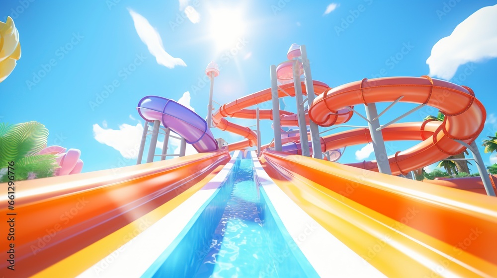 a playful water park waterslide, featuring joyful individuals enjoying a thrilling ride down the twisting and winding slide in a vibrant and aquatic setting
