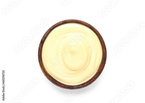 Bowl of fresh mayonnaise on white background