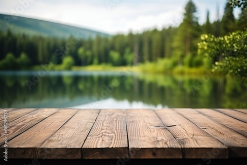 wooden table with a blurred summer lake background, Product advertisement