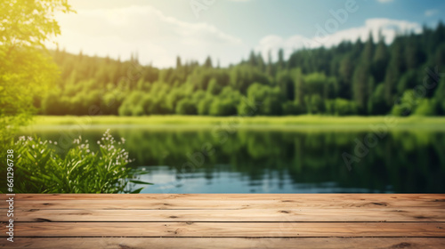 wooden table with a blurred summer lake background, Product advertisement
