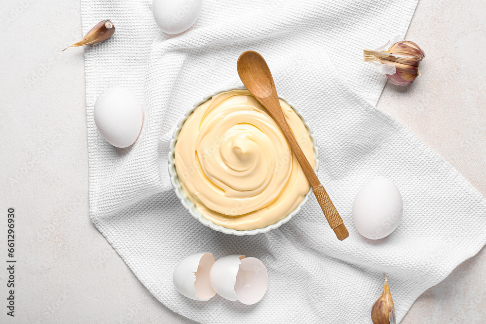 Bowl of fresh mayonnaise on white background Bowl of fresh mayonnaise on white background