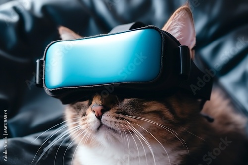 cat in vr headset exploring metaverse world, virtual reality subjects. photo