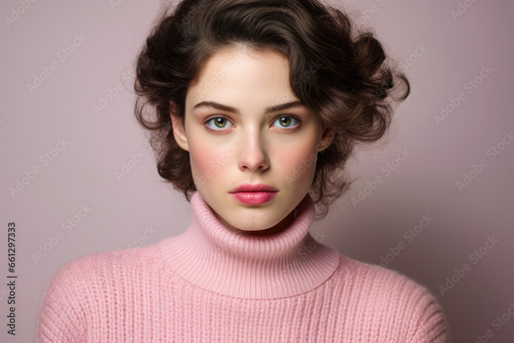 Portrait of a young woman in a winter pink sweater