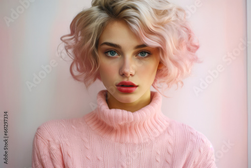 Portrait of a young woman in a winter pink sweater