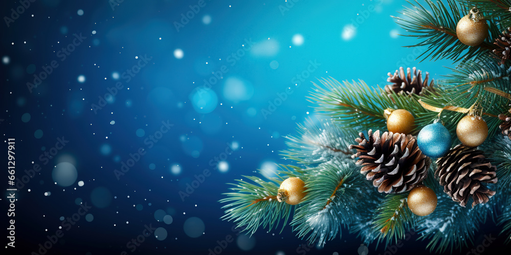Christmas background with christmas tree and decorations. Christmas background with balls, christmas tree branches and snowflakes. Holiday concept for banner, greeting card, invitation.	
