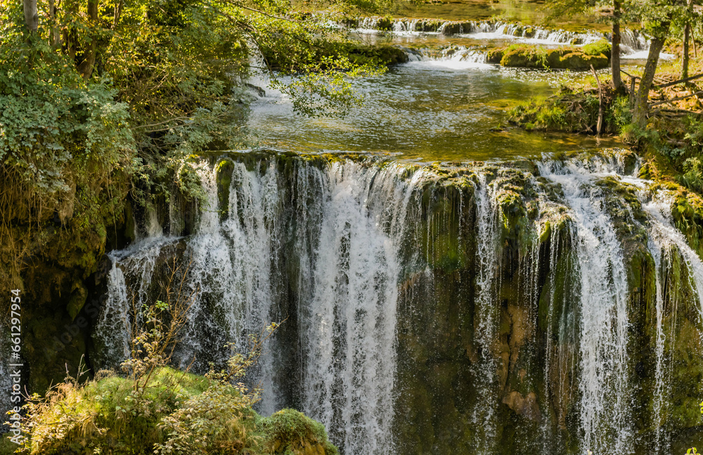 Front view of Buk waterfall in Rastoke, Croatia.
