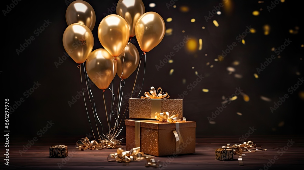 Luxury gift box with balloon on the glitter background AI Generative