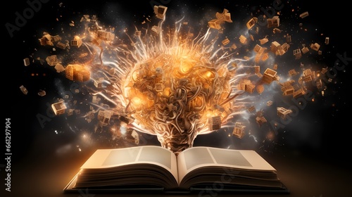 human brain exploding with knowledge and creativity from inside book , earn money by reading books , Generative AI photo