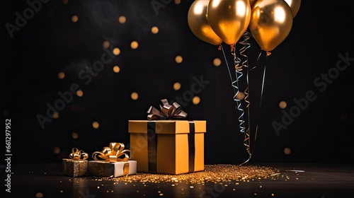 Luxury gift box with balloon on the glitter background AI Generative