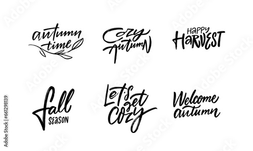 Hand drawn autumn holiday phrases set.
