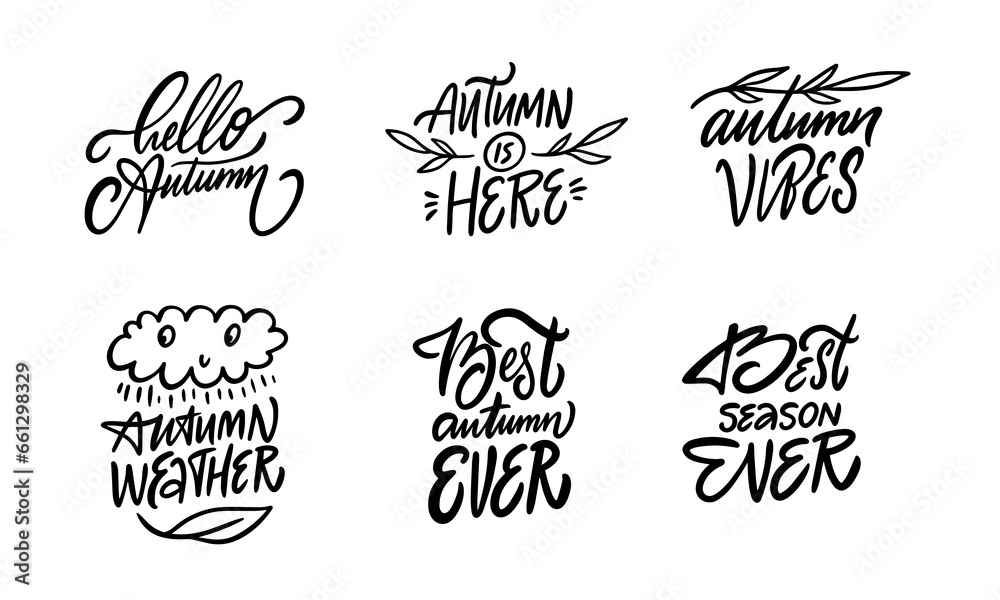 Fototapeta premium Autumn hand drawn set collection phrases. Black color sign text.