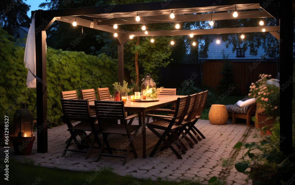 Outdoor scene with a pergola and a wooden table and chair with strings of lights, and the wires connecting the strings