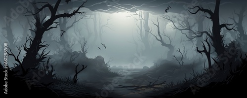 A hauntingly beautiful illustration of a forest enveloped by eerie mist in a mystical and ethereal woods