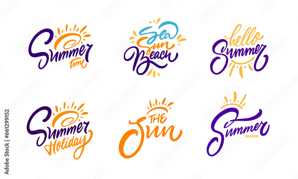 Summer holiday season lettering phrases set. Hand drawn colorful vector art quotes. Summer holiday season lettering phrases set. Hand drawn colorful vector art quotes.