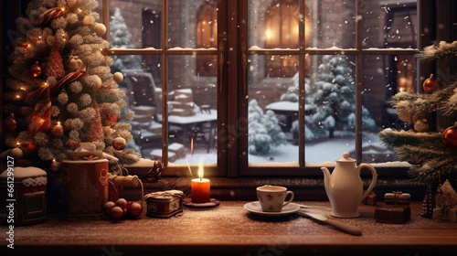 christmas coffee shop retro cute cozy vibe snowy outside