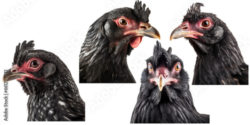 black rooster heads isolated on transparent background,transparency 