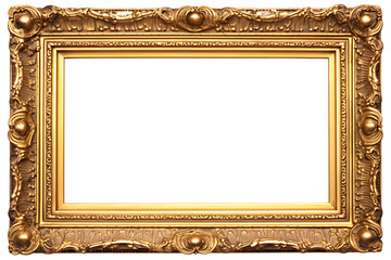 empty antique gold picture frame isolated on transparent background, cut-out home decor, interior, gallery mock up or advertising design element PNG
