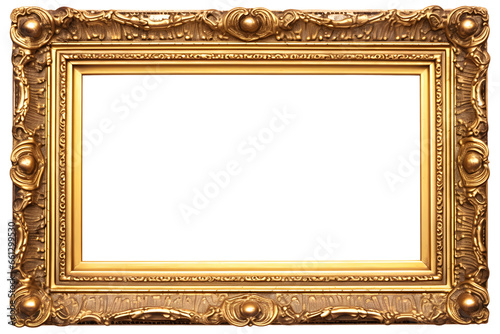 empty antique gold picture frame isolated on transparent background, cut-out home decor, interior, gallery mock up or advertising design element PNG