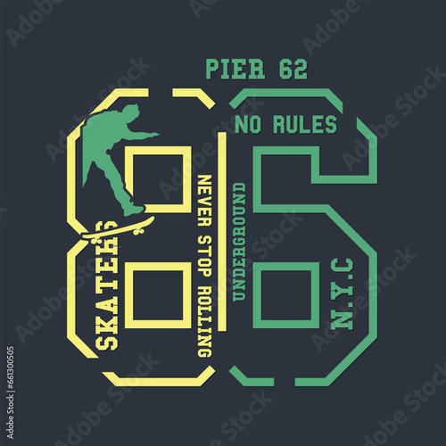 Number Typography.Typographic vector illustration of skateboarding and New York theme. t-shirt graphics.
