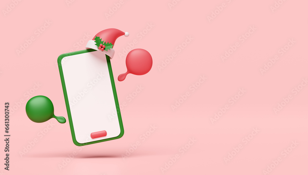 3d social media with mobile phone, smartphone, chat bubbles, Santa claus hat isolated on pink background. merry christmas and happy new year, 3d render illustration concept - obrazy, fototapety, plakaty 