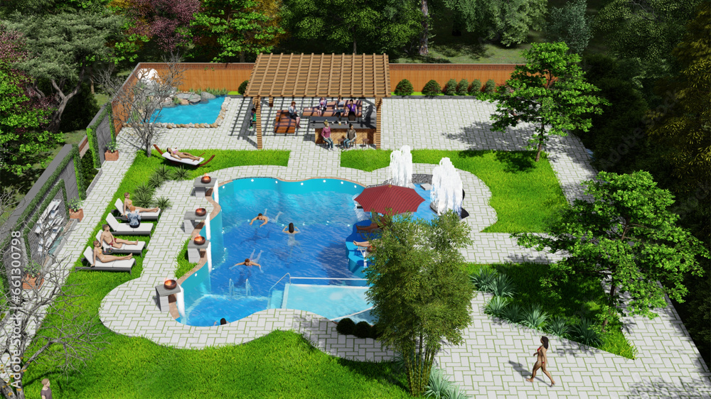 Swimming Pool Design Sitting Area Barbeque Corner 3D Rendered