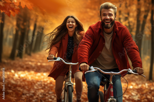 a smiling couple riding bicycle at autumn forest