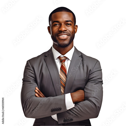 portrait of a smiling black businessman isolated on transparent background - business people design element cut-out PNG