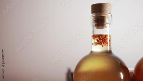 Glass bottles with wooden caps and a brown alcoholic drink infused with herbs on a white background, close-up. Collection brandy and cognac. Copy space for text. Movement from the slider. photo