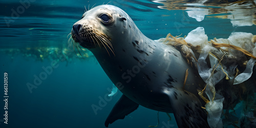 Sea seal swims with a pile of plastic debris  Marine Life at Risk  A Deep Dive into the Impact of Ocean Plastic Pollution  An In-Depth Look at Ocean Pollution and Its  Effects AI Generative  © Faiza