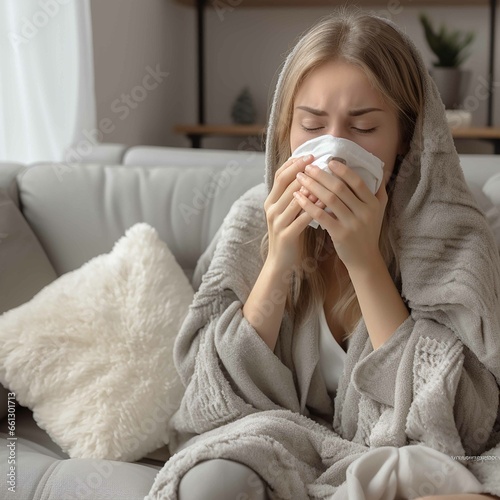 Photograph of cold sick woman sitting on the couch with a mask stock photo  depictions of inclement weather  water drops  isometric  medicalcore