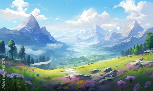In the pastel landscape, an anime field comes to life with vibrant colors and enchanting details.